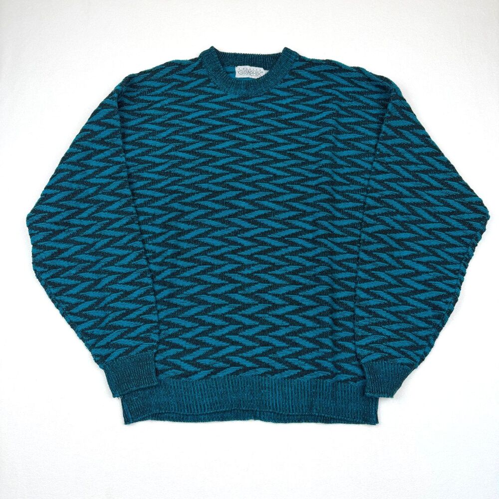 VTG 90s Sweater Graphix Geometric ZigZag Knit Teal Black Crewneck L USA